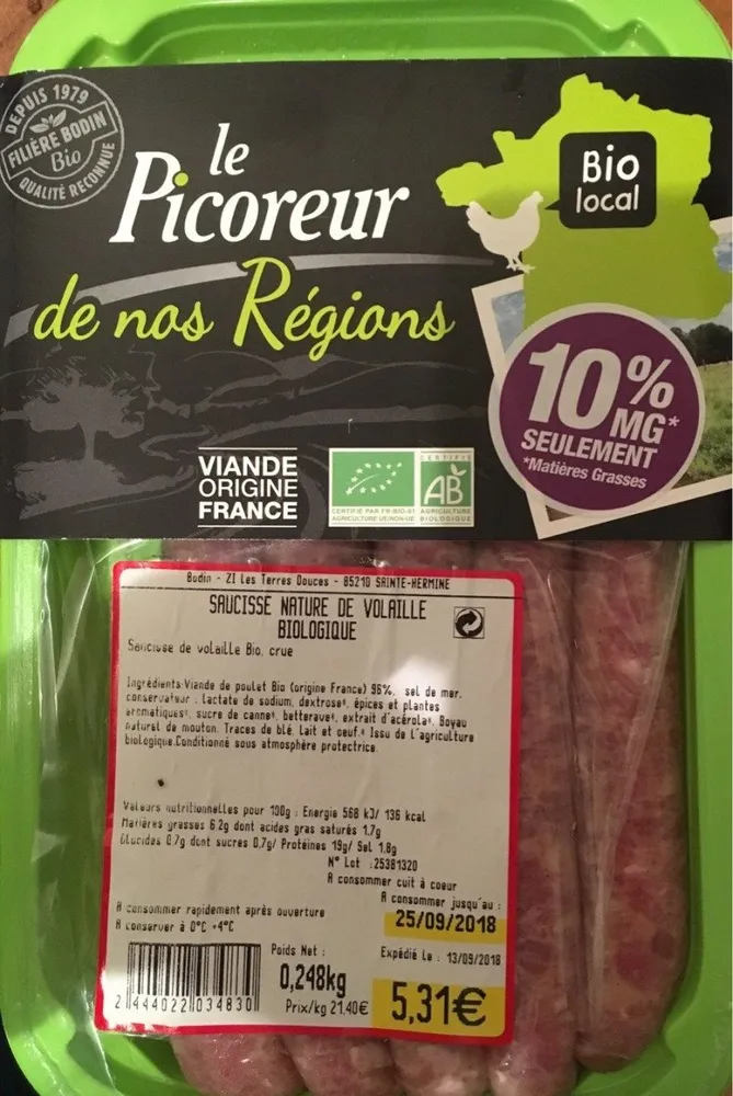 Saucisse nature de volaille biologique