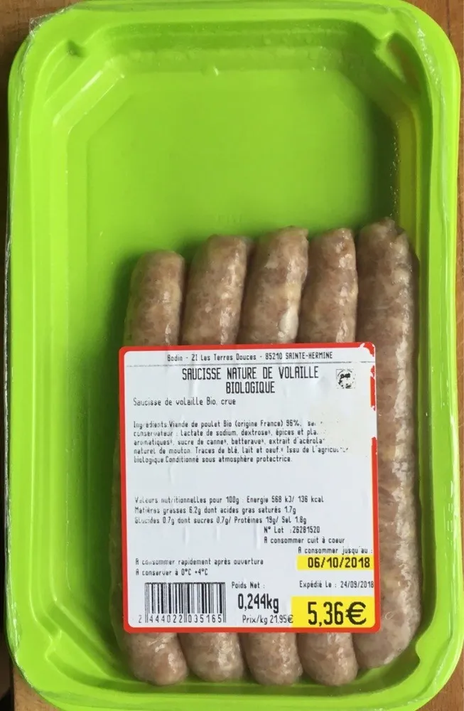 Saucisse nature de volaille biologique