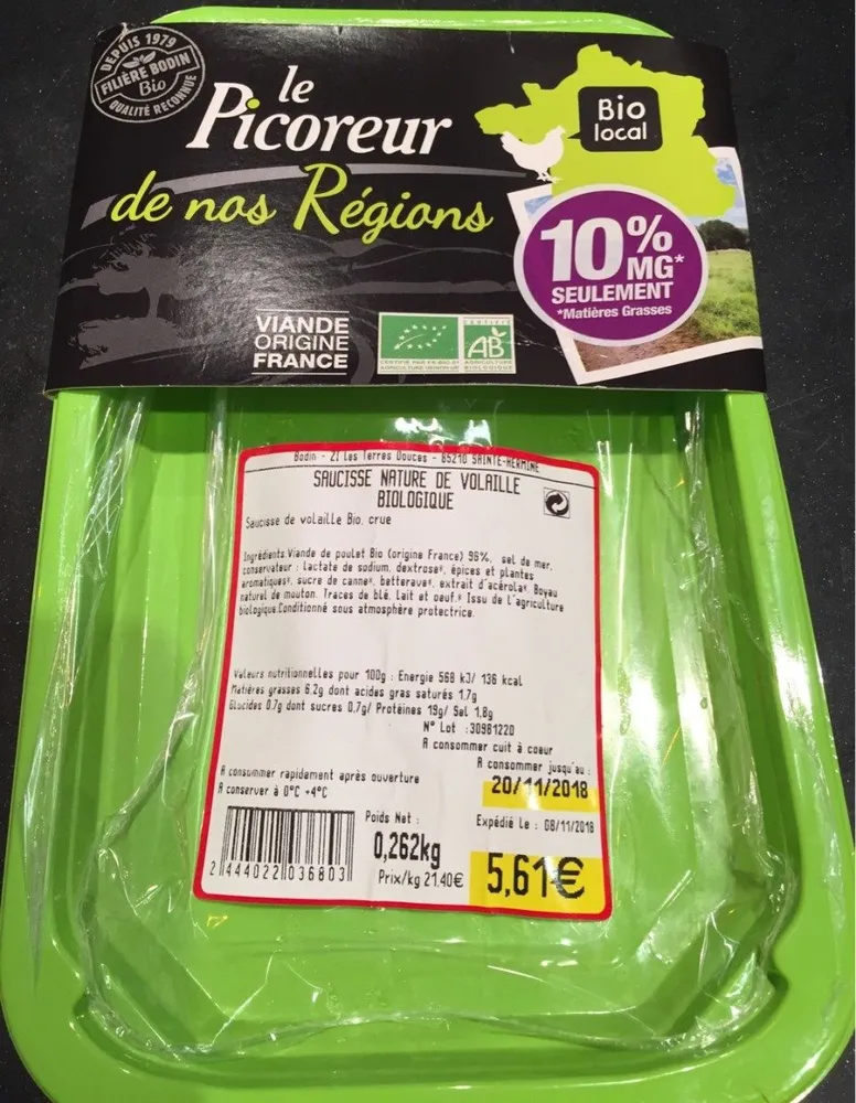 Saucisse nature de volaille bio