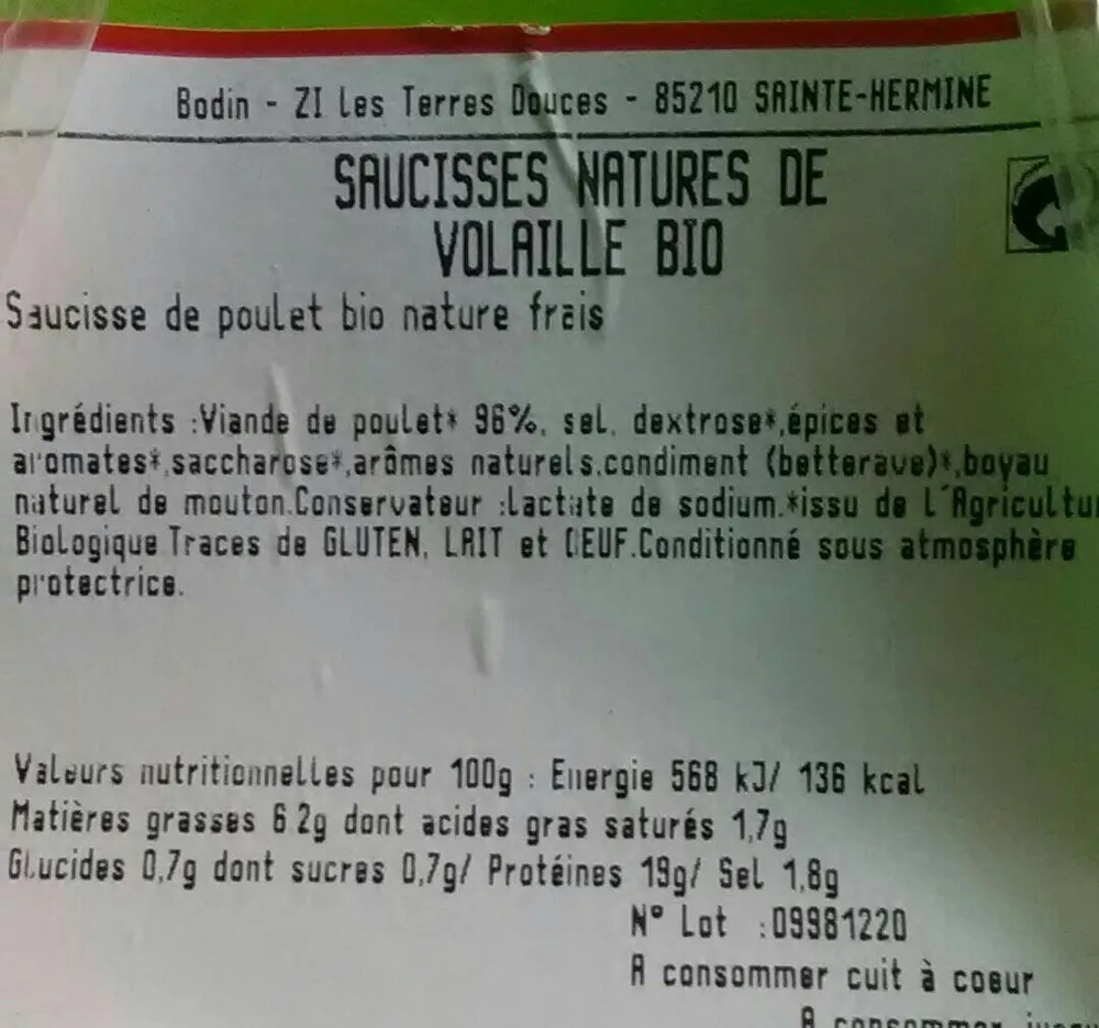 Saucisses natures de volaille bio