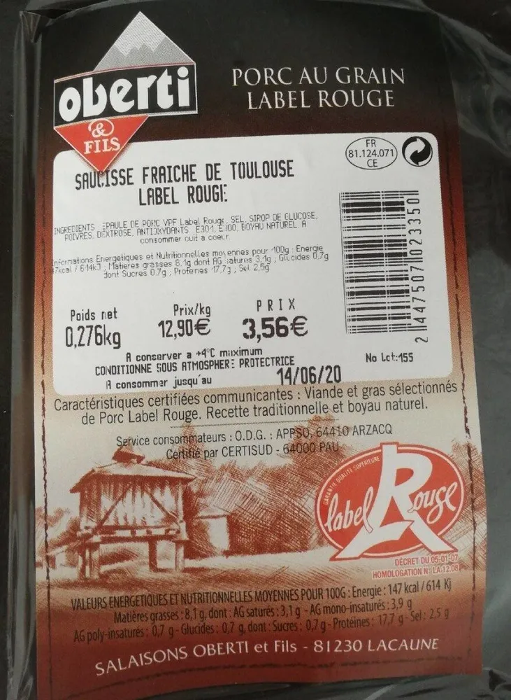 Saucisse fraîche de Toulouse LABEL ROUGE