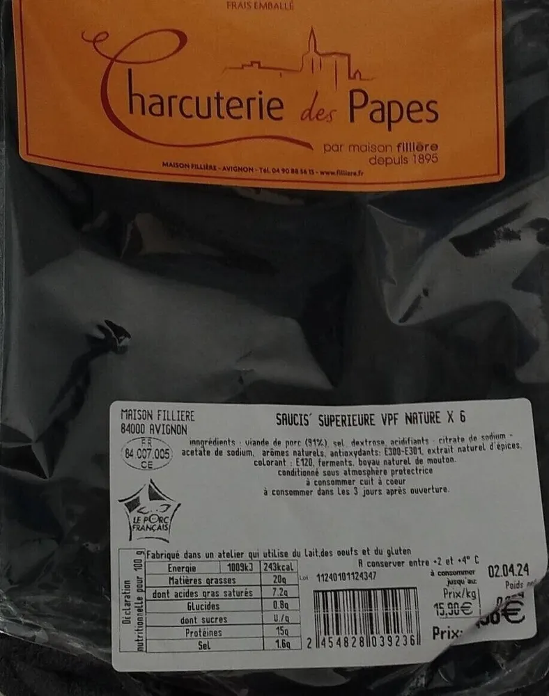 Saucisses supérieures vpf nature x 6