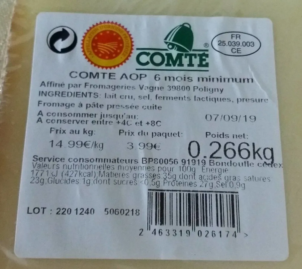 Comté AOP 6 mois d'affinage