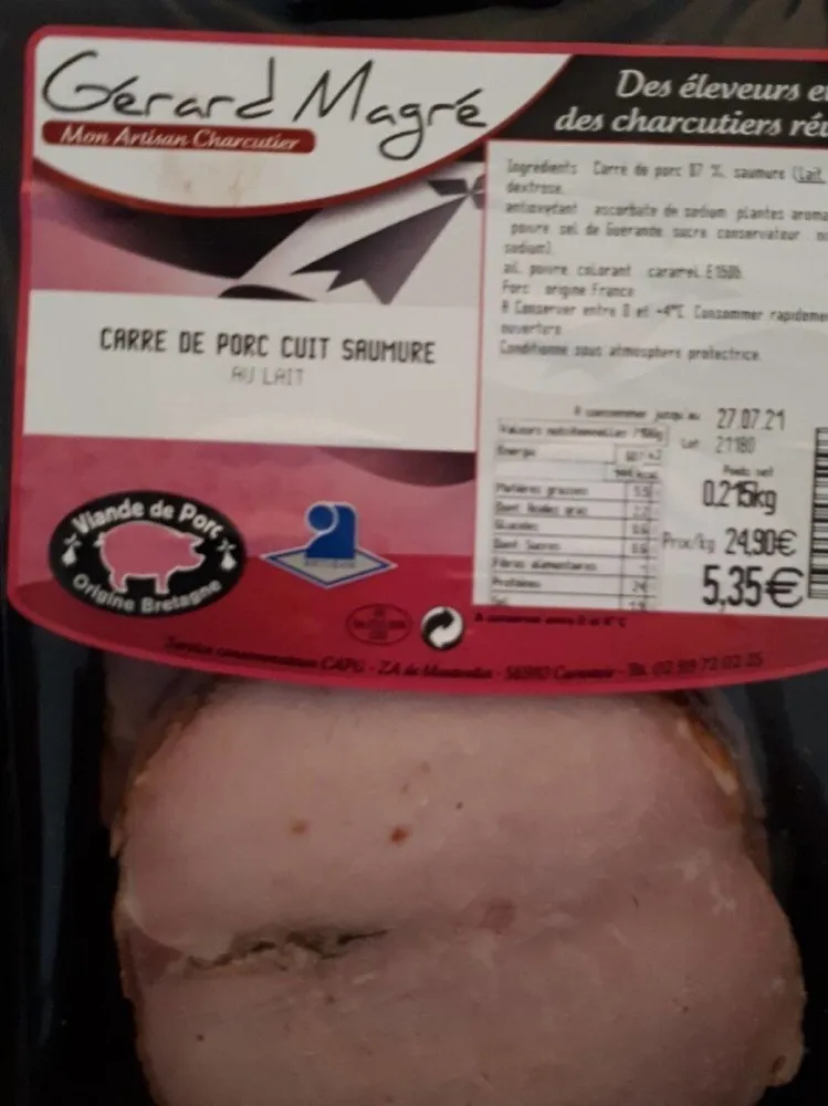 Carré de porc cuit saumure au lait