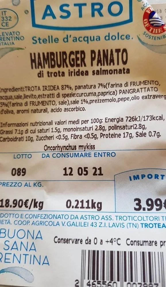 Hamburger panato di trota iride salmonata