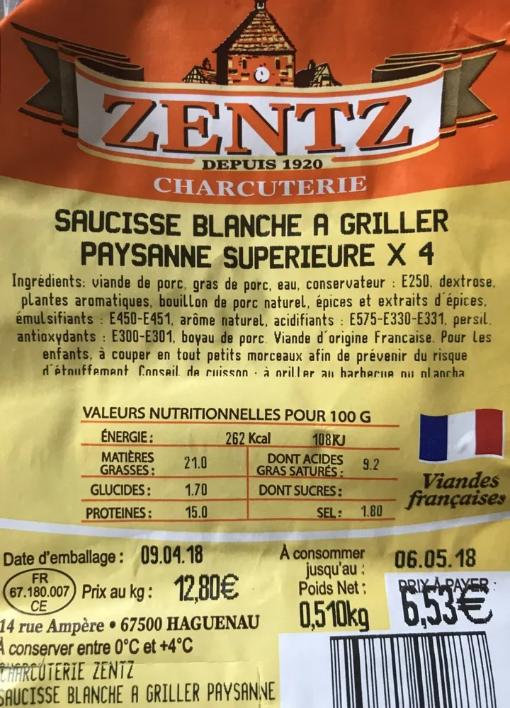 Saucisse blanche à griller paysanne supérieure ×4