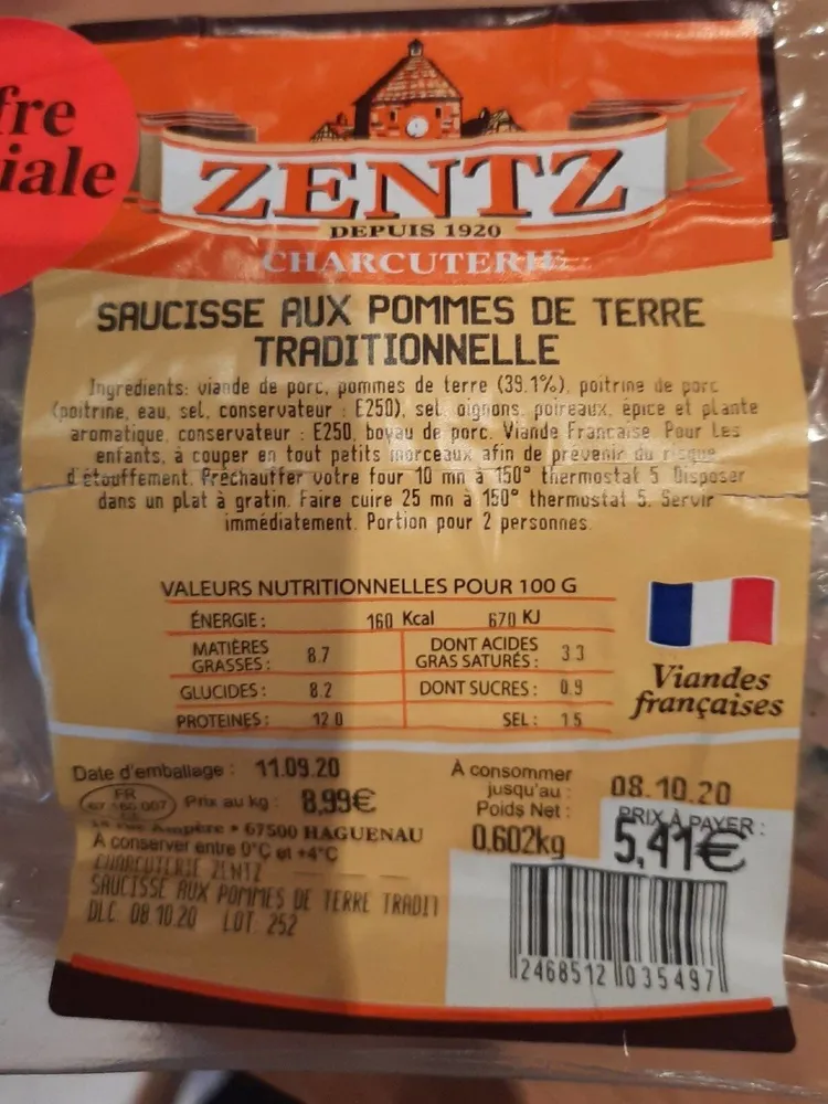 Saucisse aux pommes de terre traditionnelle