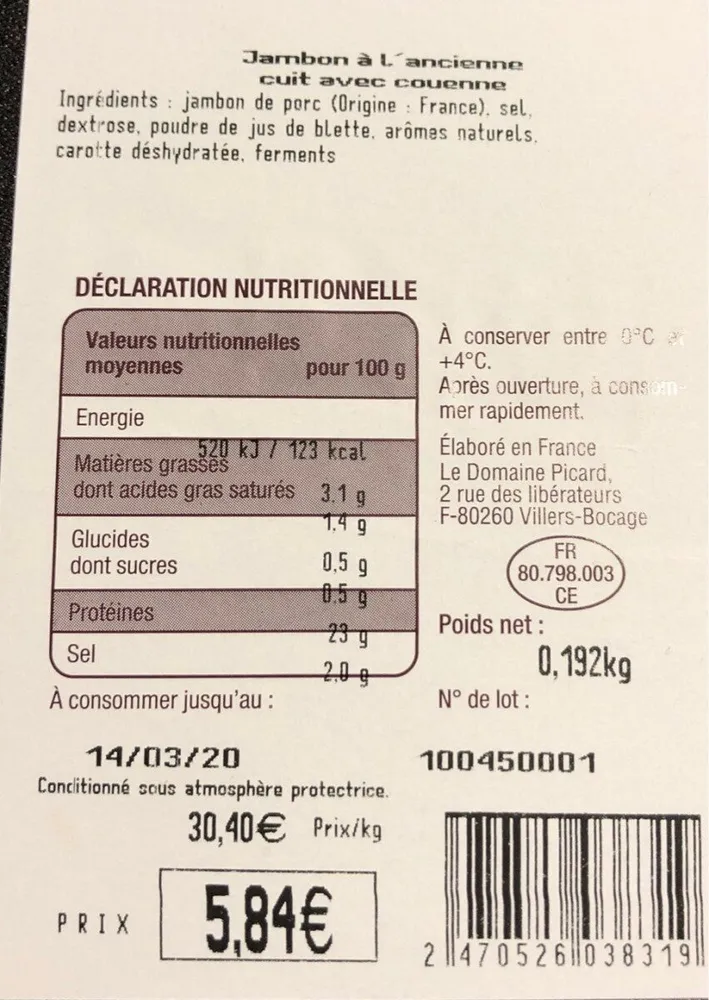 jambon a lancienne cuit avec couenne