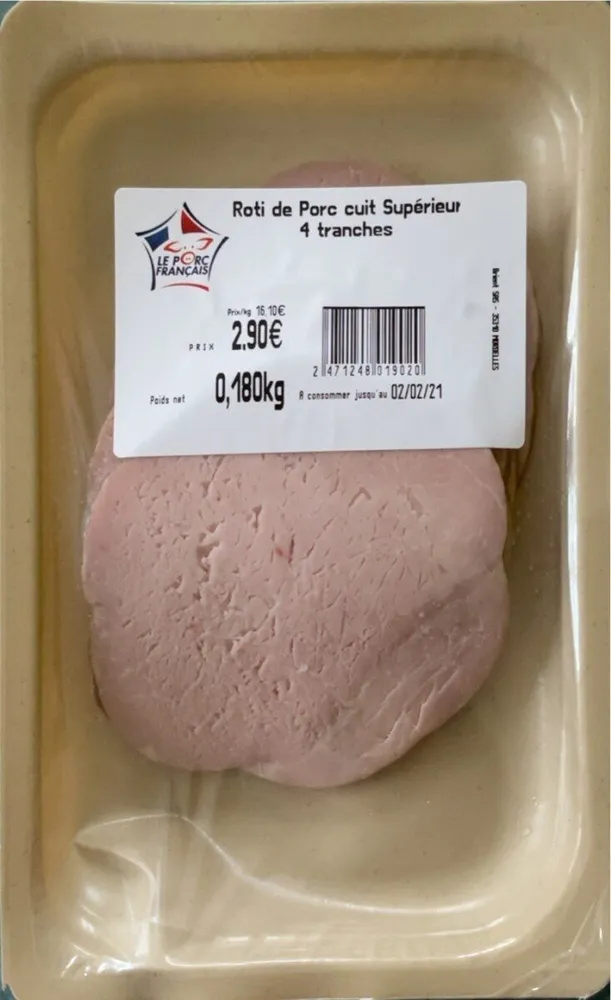 Rôti de porc cuit supérieur 4 tranches 180gr