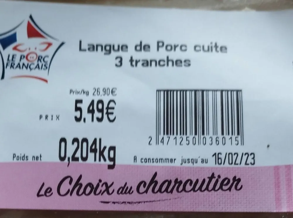 Langue de porc cuite 3 tranches