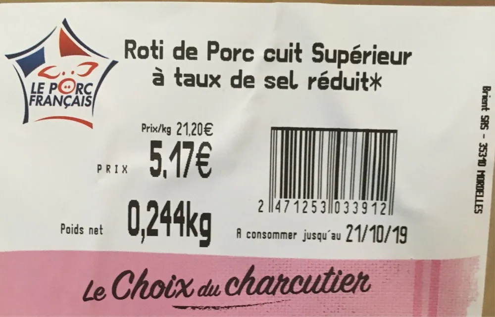 Roti de porc cuit superieur a taux de sel reduit