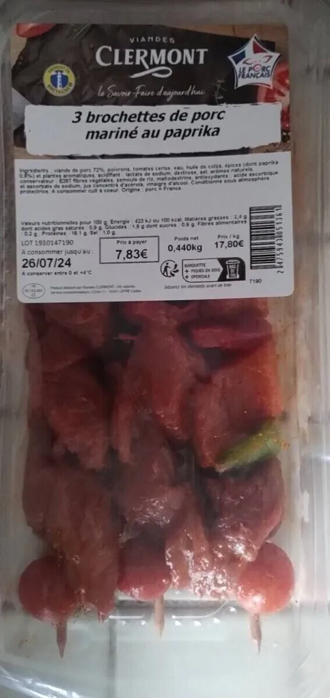 3 brochettes de porc mariné au paprika