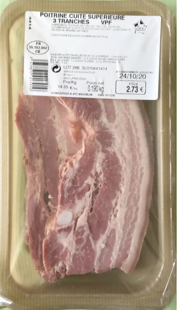 Poitrine cuite supérieure 3 tranches VPF 190gr