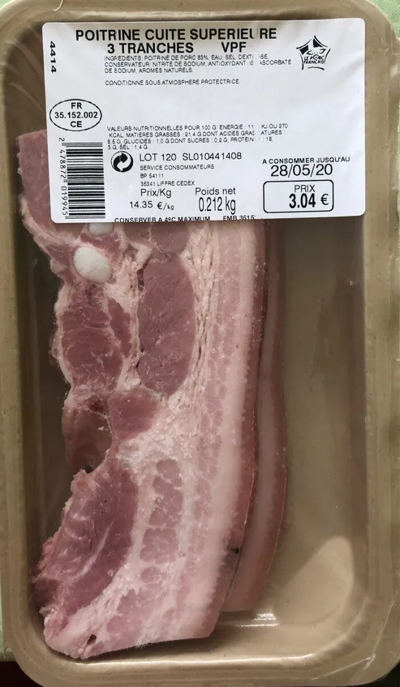 Poitrine cuite supérieur 3 tranches VPF 212gr
