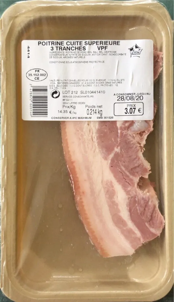 Poitrine cuite supérieur 3 tranches VPF 214gr