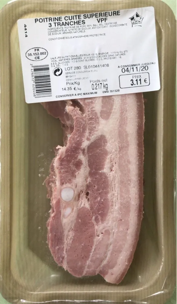 Poitrine cuite supérieure 3 tranches VPF 217gr