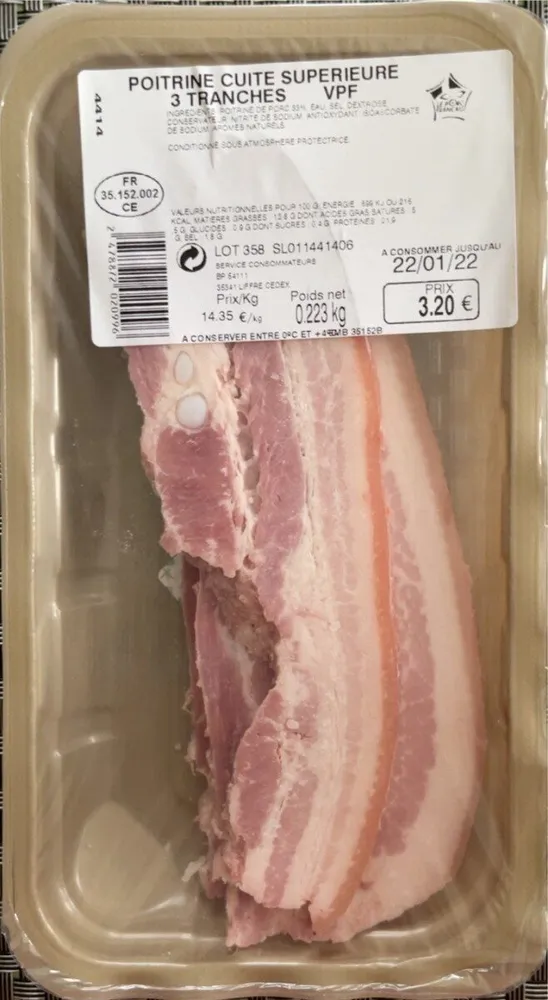 Poitrine cuite supérieure 3 tranches VPF 0,223kg