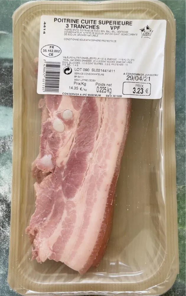 Poitrine cuite supérieure 3 tranches VPF 225g