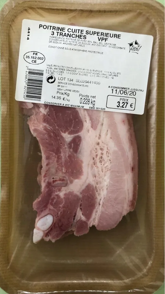 Poitrine cuite superieur 3 tranches VPF 228gr