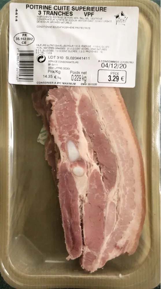 Poitrine cuite supérieure 3 tranches VPF 229gr
