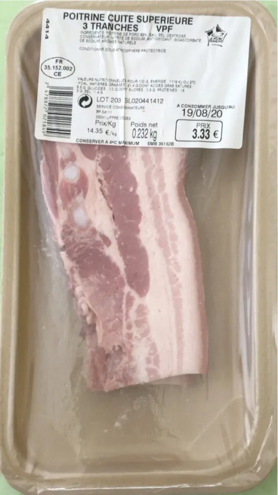 Poitrine cuite supérieur 3 tranches VPF 232gr