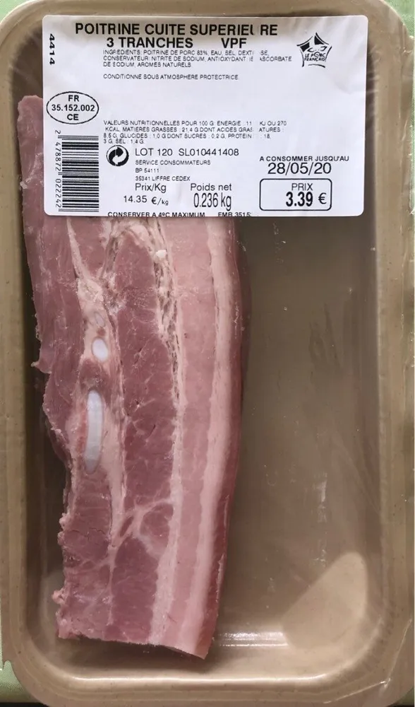 Poitrine cuite supérieur 3 tranches VPF 236gr