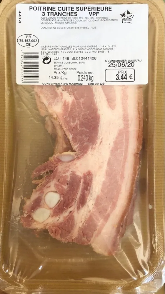 Poitrine cuite supérieur 3 tranches VPF 240gr