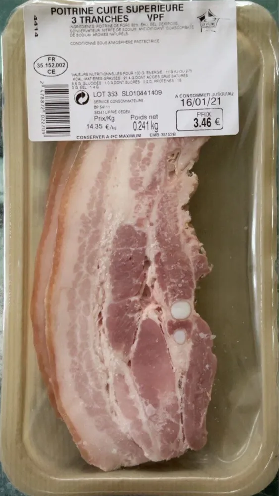 Poitrine cuite supérieure 3 tranches VPF 241gr