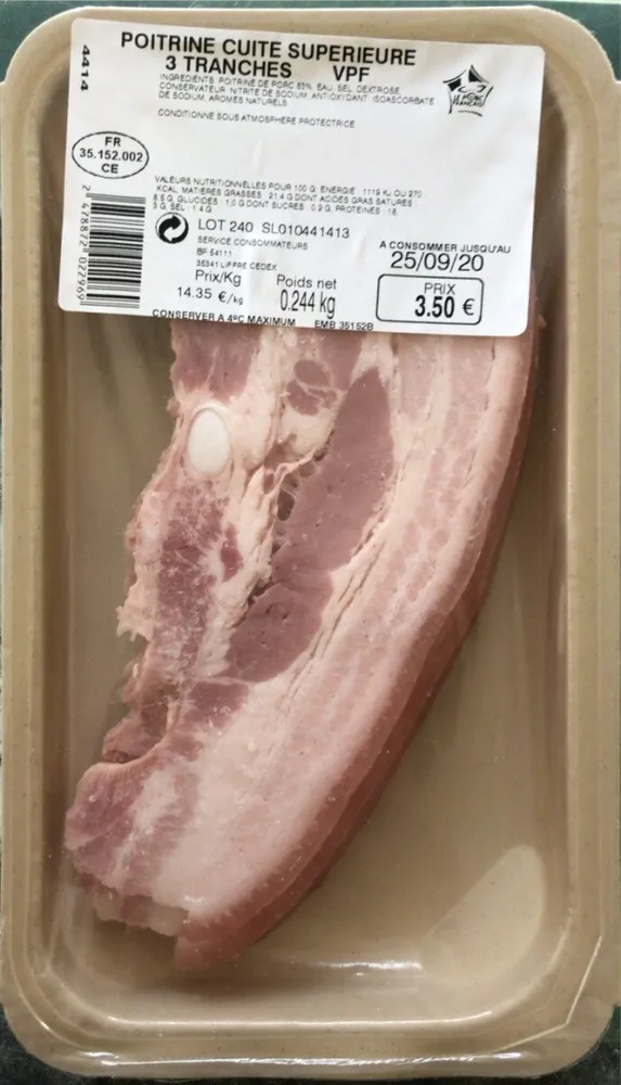 Poitrine cuite supérieure 3 tranches VPF 244gr