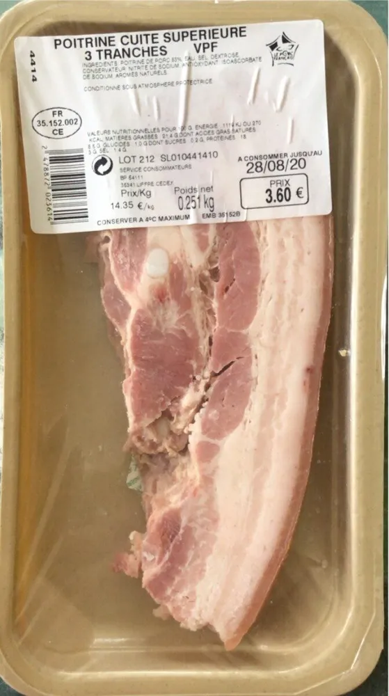 Poitrine cuite supérieur 3 tranches VPF 251gr