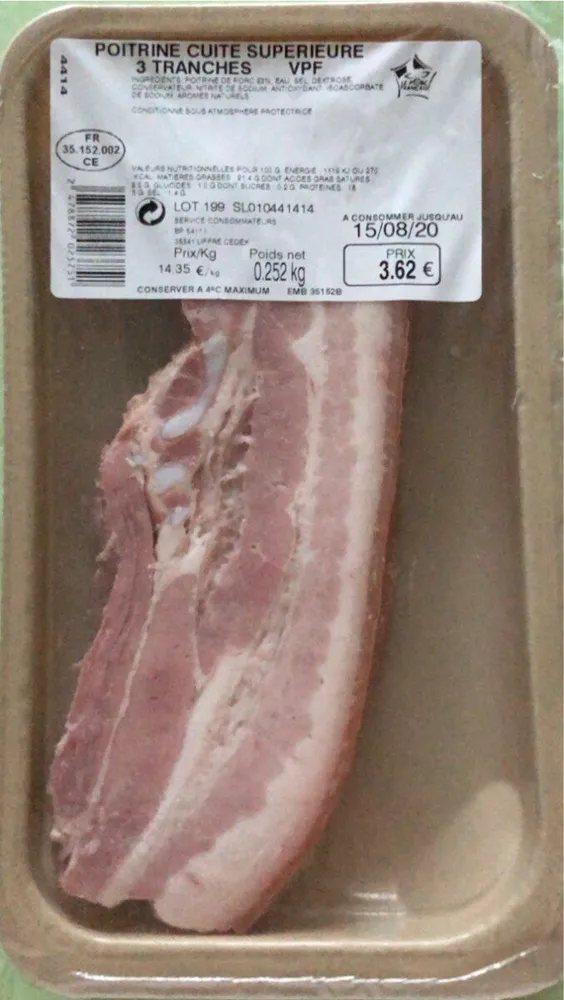 Poitrine cuite supérieur 3 tranches VPF 252gr