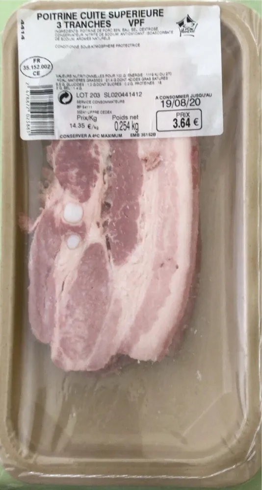 Poitrine cuite supérieure 3 tranches VPF 254gr