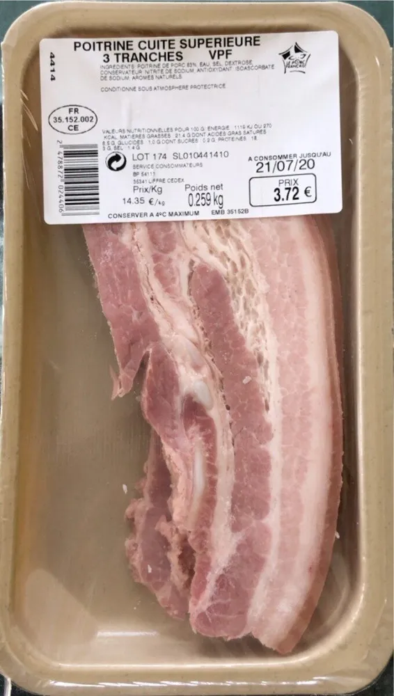 Poitrine cuite supérieure 3 tranches VPF 259gr