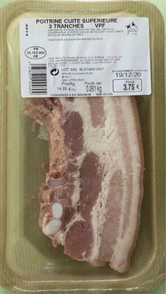 Poitrine cuite supérieure 3 tranches VPF 261gr