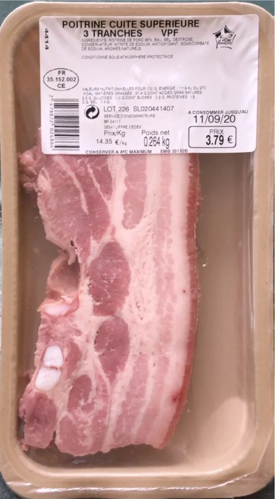 Poitrine cuite supérieure 3 tranches VPF 264gr