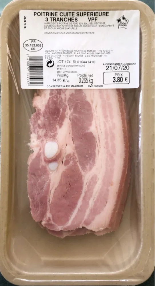 Poitrine cuite supérieure 3 tranches VPF 265gr