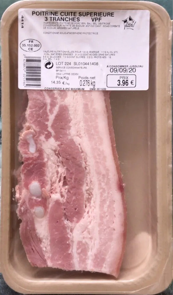 Poitrine cuite supérieure 3 tranches VPF 276gr