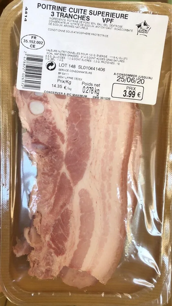 Poitrine cuite supérieur 3 tranches VPF 278gr