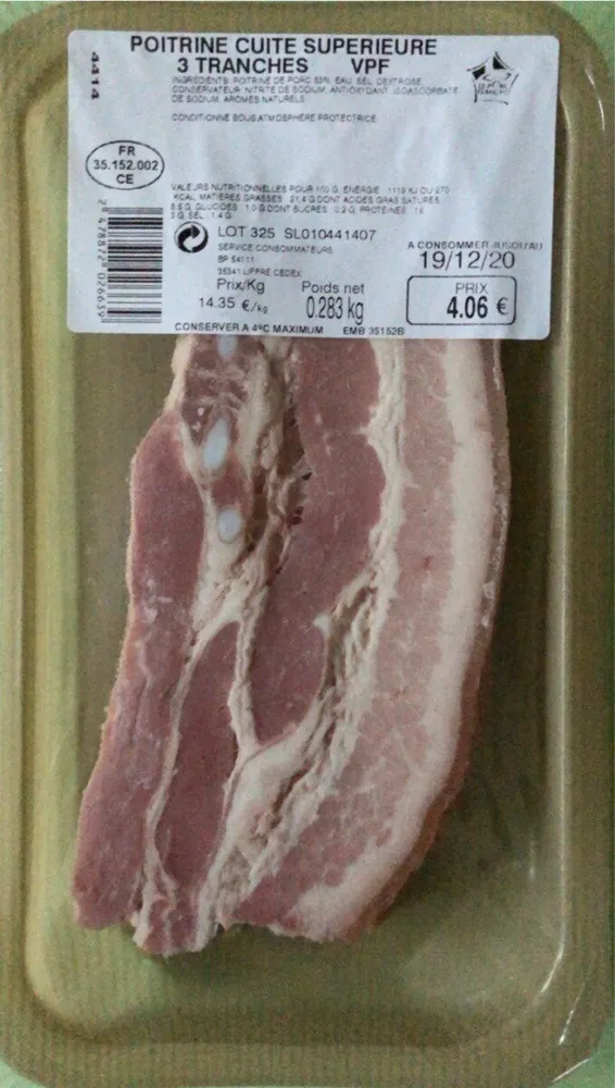 Poitrine cuite supérieure 3 tranches VPF 283gr