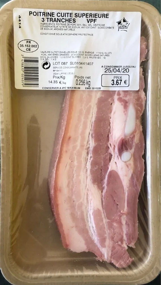 Poitrine cuite superieur 3 tranches VPF 256gr