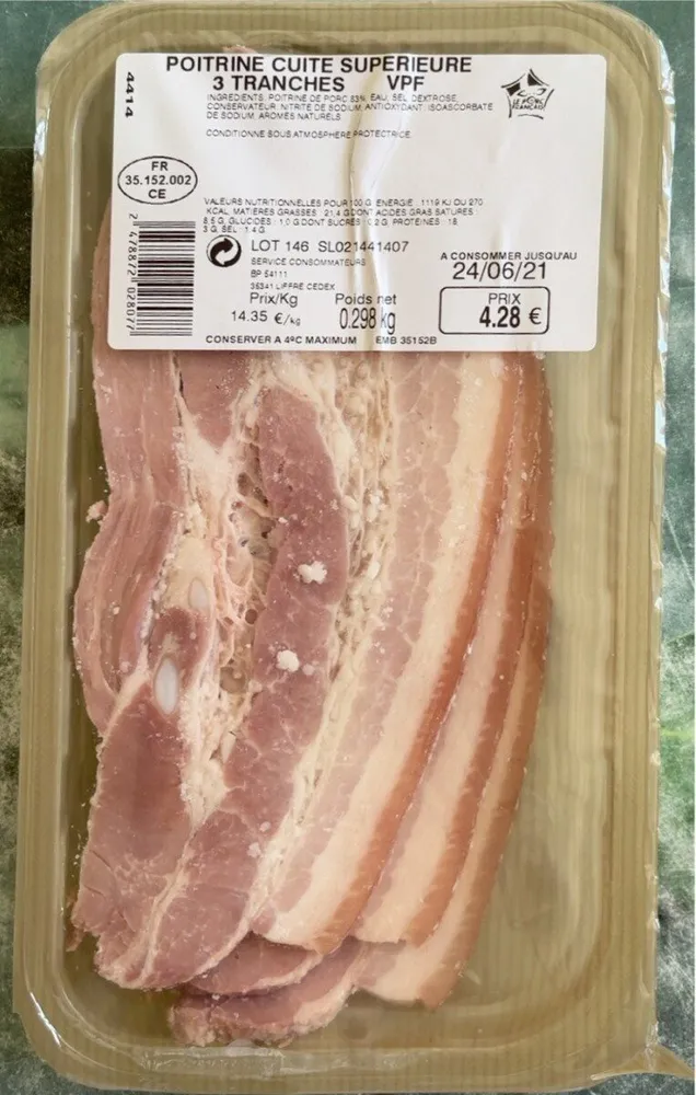 Poitrine cuite supérieure 3 tranches VPF 298g