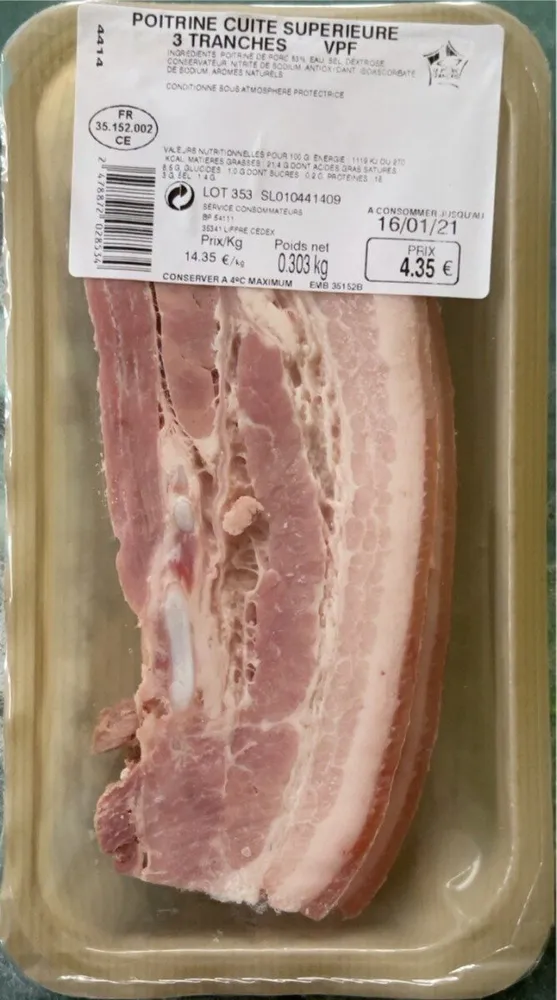 Poitrine cuite supérieure 3 tranches VPF 303gr
