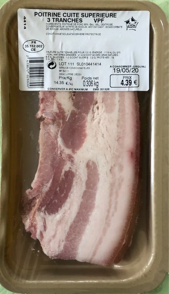 Poitrine cuite superieur 3 tranches VPF 306gr
