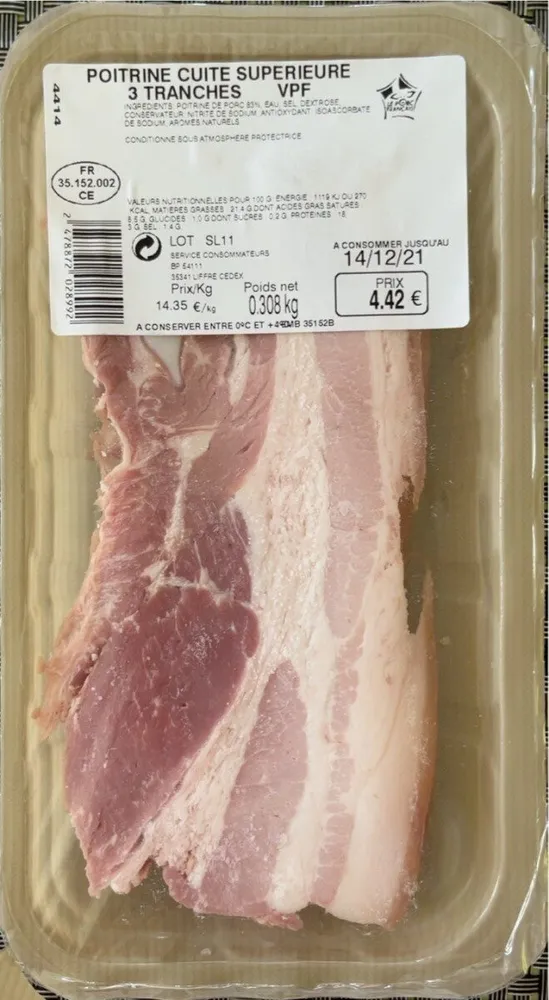 Poitrine cuite supérieure 3 tranches VPF 0,308kg