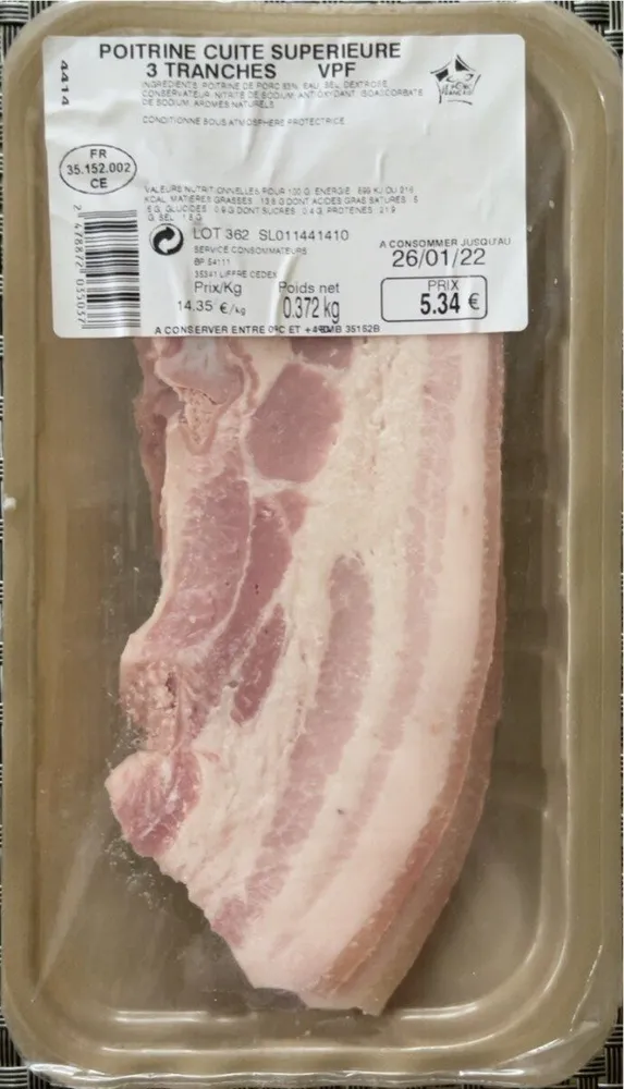 Poitrine cuite supérieure 3 tranches VPF 0,372kg