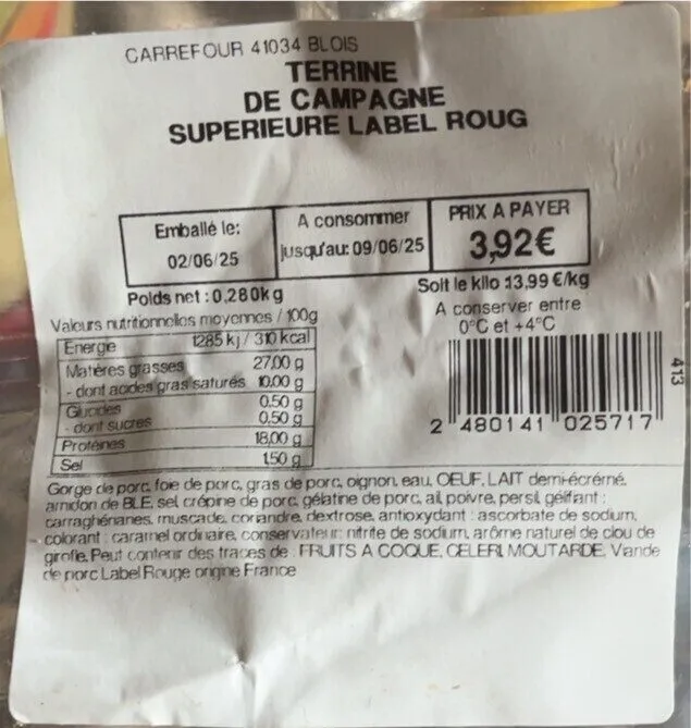 TERRINE DE CAMPAGNE SUPERIEURE LABEL ROUG