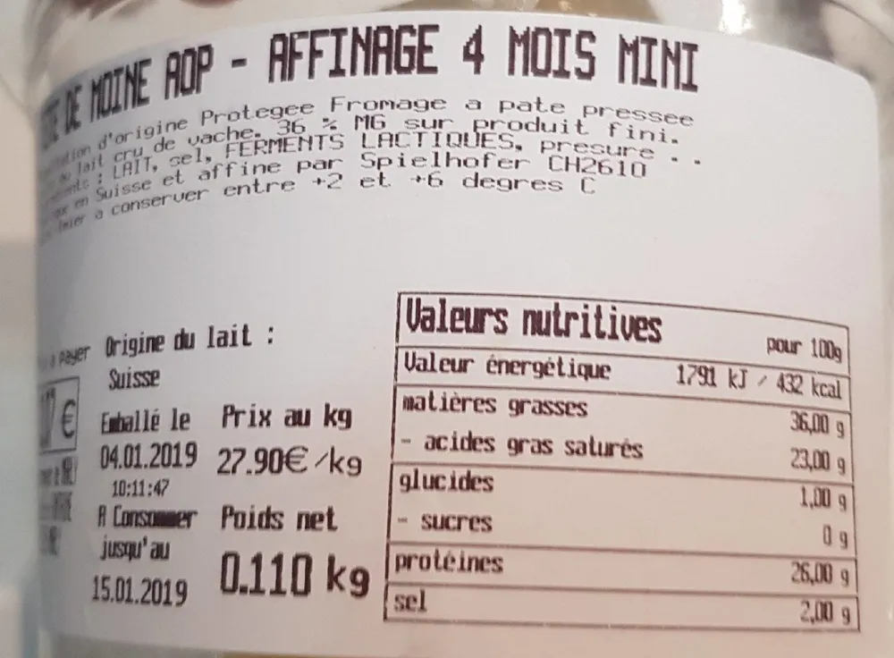 Tête de moine AOP affinage 4 mois