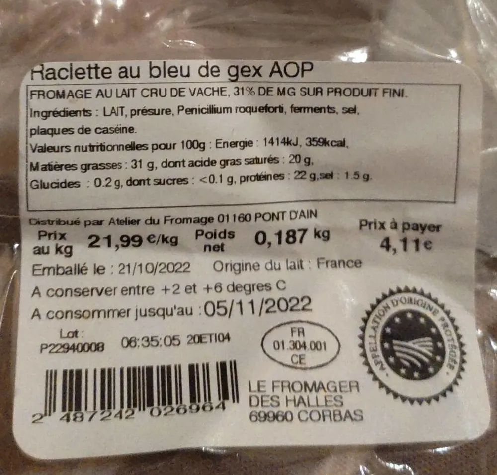 Raclette au bleu de Gex aop