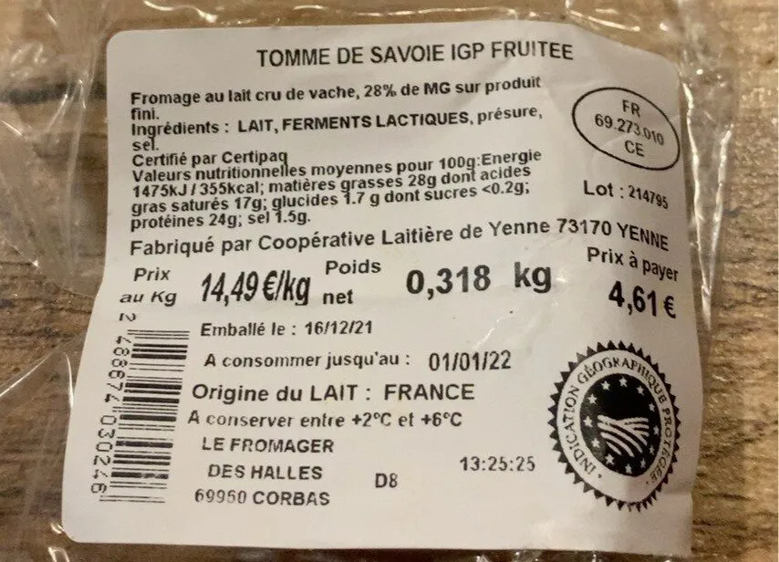 Tomme de savoie igp fruitee