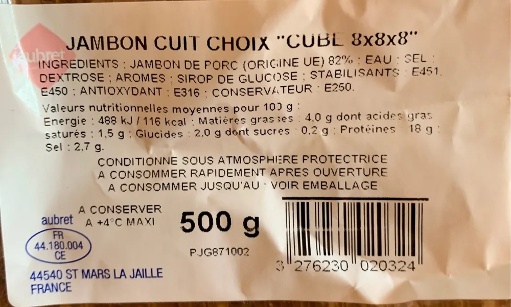 Jambon cuit choix "cube 8x8x8"